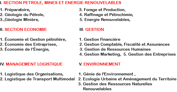 I. SECTION PETROLE, MINES ET ENERGIE RENOUVELABLES 1. Préparatoire, 3. Forage et Production, 2. Géologie du Pétrole, 4. Raffinage et Pétrochimie, 3.,Géologie Minière, 5. Energie Renouvelables, II. SECTION ECONOMIE III. GESTION 1. Économie et Gestion pétrolière, 1. Gestion Financière 2. Économie des Entreprises, 2. Gestion Comptable, Fiscalité et Assurances 3. Économie de l’Énergie, 3. Gestion de Ressources Humaines 4. Gestion Marketing, 5. Gestion des Entreprises IV. MANAGEMENT LOGISTIQUE V. ENVIRONNEMENT 1. Logistique des Organisations, 1. Génie de l'Environnement , 2. Logistique de Transport Multimodal 2. Ecologie Urbaine et Aménagement du Territoire 3. Gestion des Ressources Naturelles Renouvelables